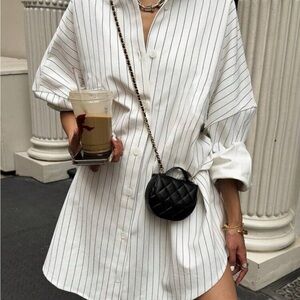 White Striped Button-Up Shirt Dress